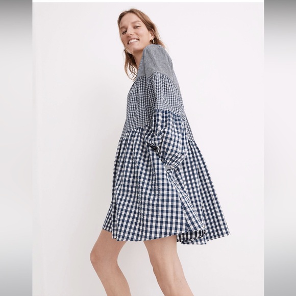 NWT Madewell Seersucker V-Neck Mini Dress in Gingham Check- Medium - Picture 3 of 10